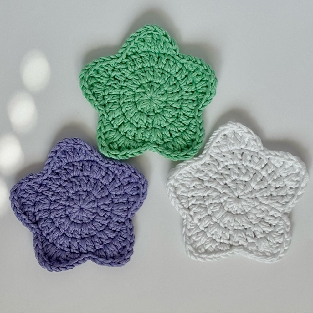 Crochet Star Coasters Set in Green, Purple, and White